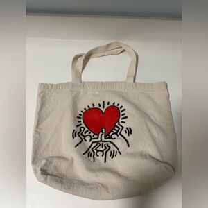 Keith Haring Canvas Tote Bag with Red Heart Design